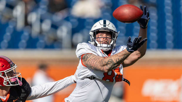 Penn State tight end Theo Johnson catches a pass during practice for the 2024 Senior Bowl.